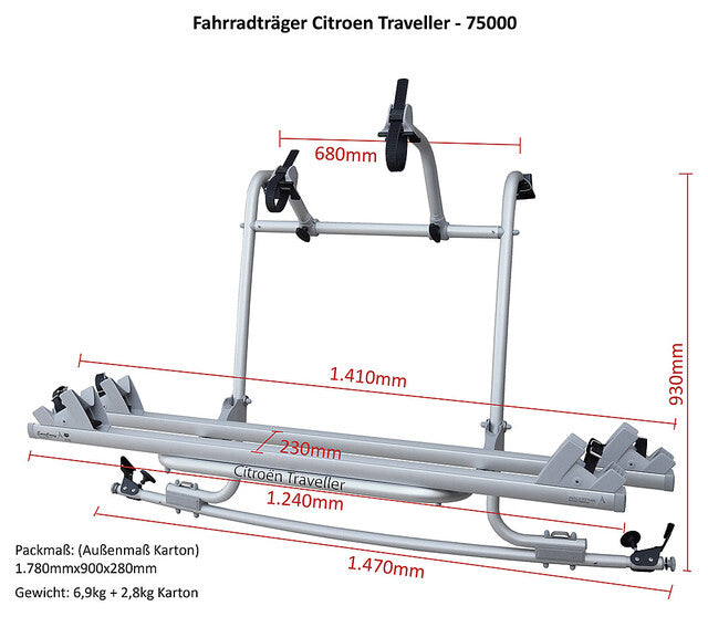 EuroCarry bicycle rack Spacetourer, Campster, Peugeot Traveller, ProAce, Zafira fr 2019, 2 bikes l cap. 40 kg