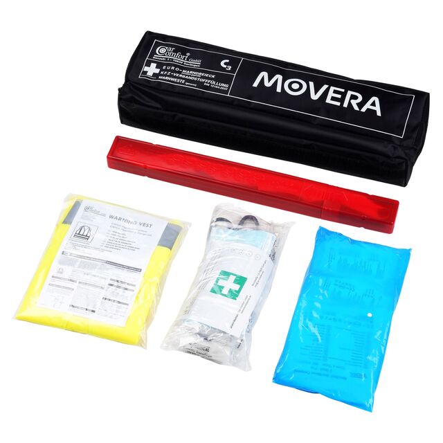 Vehicle combination bag 3-part comprising: Warning triangle, bandaging materials, warning vest Colour black