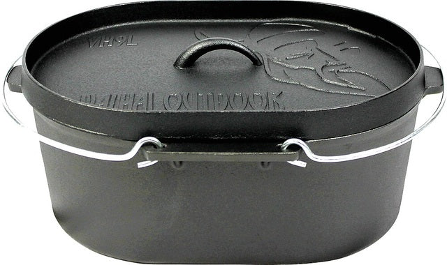 Olandiška orkaitė VALHAL OUTDOOR ketaus ovalus, plokščias dugnas, grilio rašto dangtis, 9 l