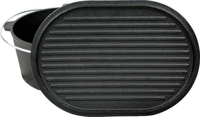 Dutch Oven VALHAL OUTDOOR cast iron oval, flat bottom, grill pattern lid, 9 l