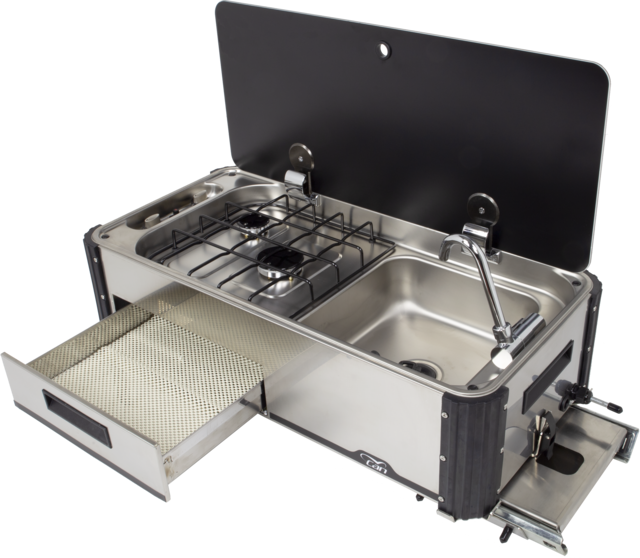 Hob/sink unit CAN Slide Out 2 Brenner, pull-out longitudinal, inc. tap, Telescope legs