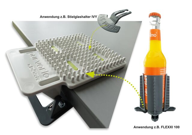 Drink/table clamping holder purvario CLIP CLAP with integrated studded panel