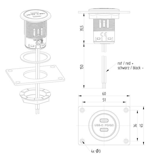 Power USB-C double socket Pro Car PD/QC EV without LED and mounting plate