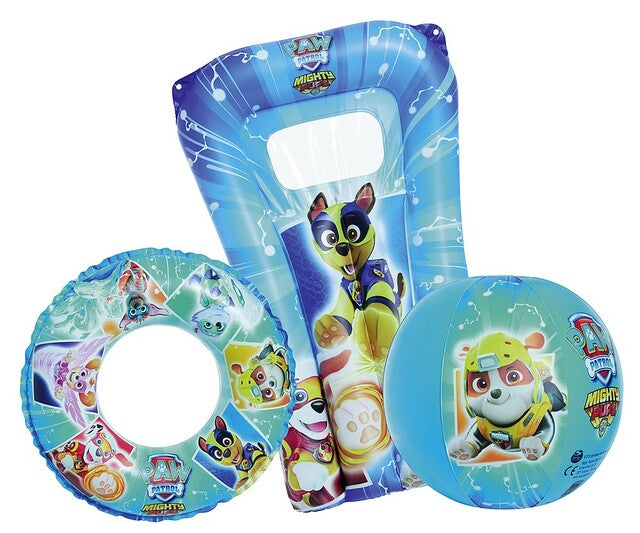 Paplūdimio rinkinys Paw Patrol susideda iš: paplūdimio kamuolio, plaukimo žiedo ir lilo