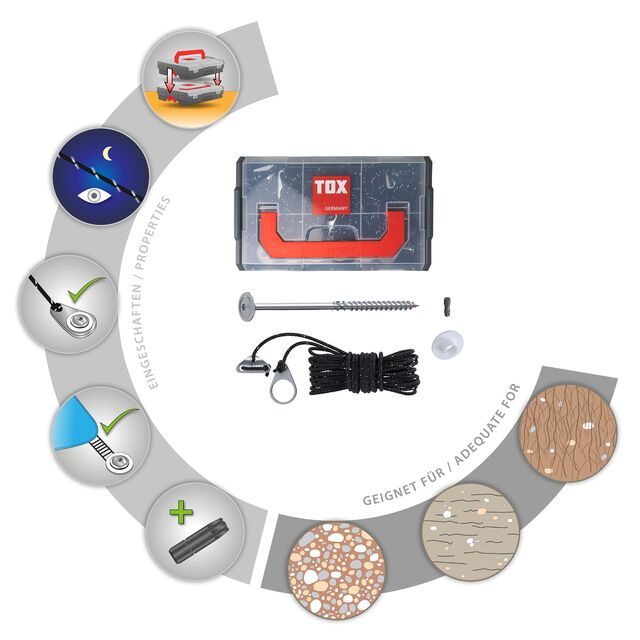 TOX tensioning set each 6 x plate head screw, tensioning cable, special washer each 1 x L-box, TX40 bit