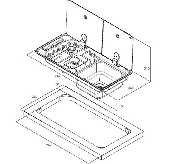 CAN cooking/sink combination INOX 2-burner, sink right, Glass 2-piece
