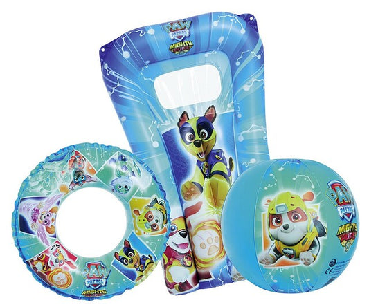 Paplūdimio rinkinys Paw Patrol susideda iš: paplūdimio kamuolio, plaukimo žiedo ir lilo