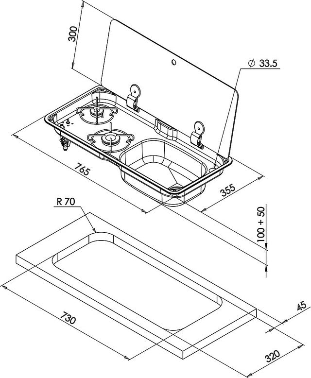 CAN cooking/sink combination 2-burner, sink right, Glass 1-piece